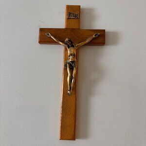 Catholic Wall Crucifix Vintage Wood Brass Religious Decor